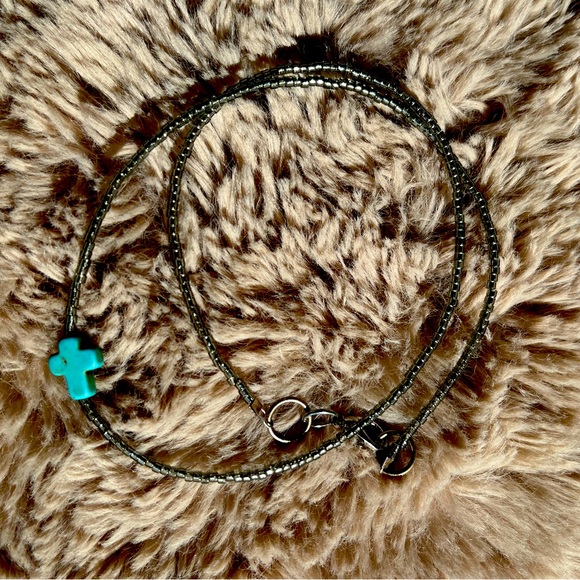 Blue Turquoise & Wood Beaded Cross Necklace main image 1